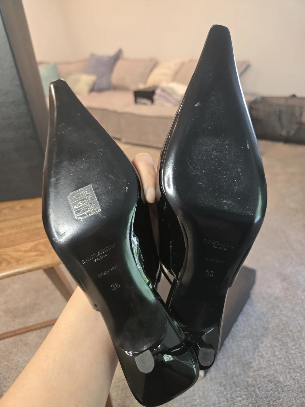 Saint Laurent Black Patent Slingback Pumps with Gold Accent - Picture 5 of 11